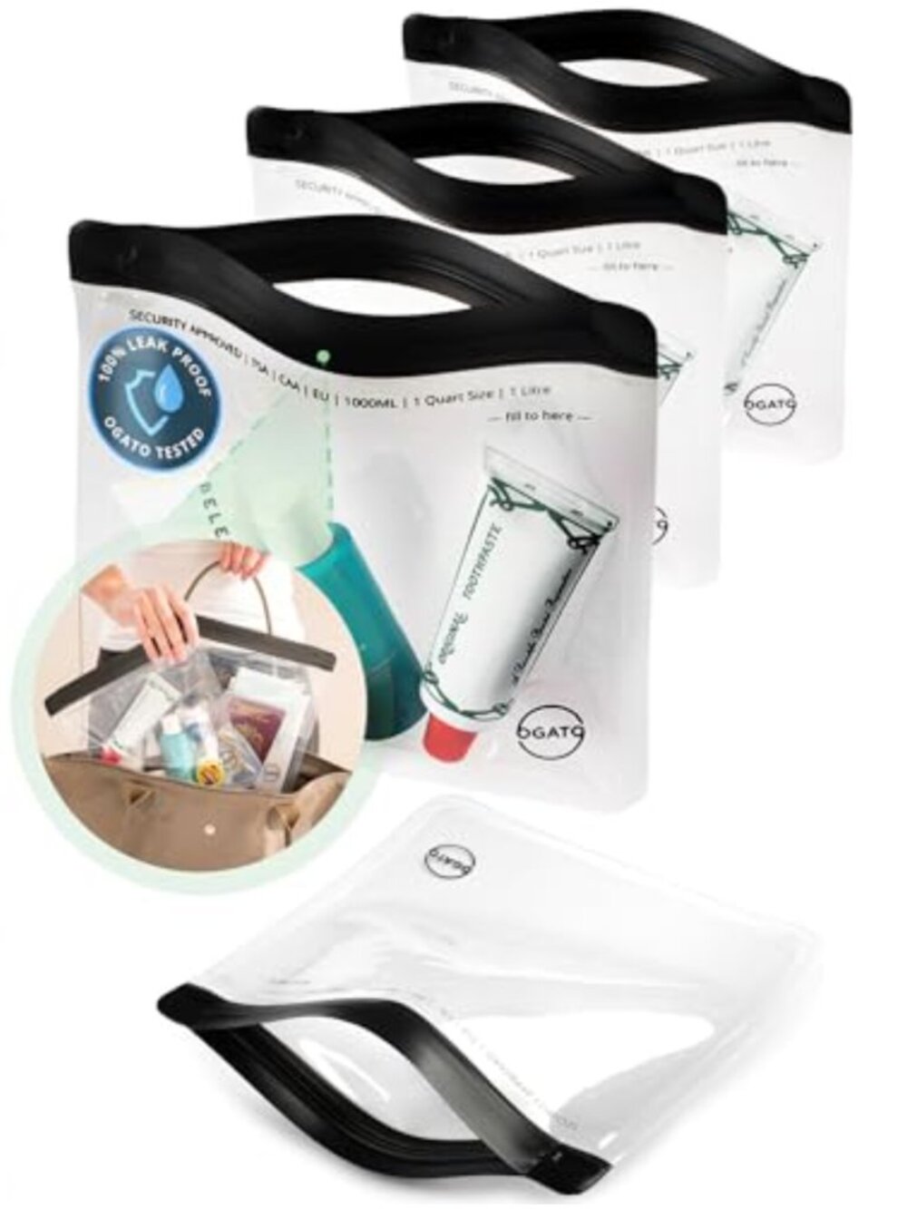 TSA Approved Clear Toiletry Bag 3-Pack Quart Size Leakproof Travel